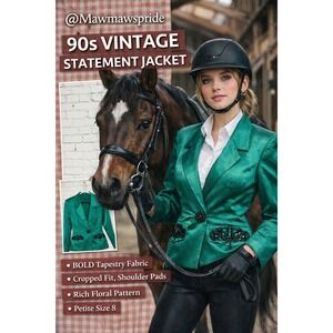 Vintage Andrea Jovine Emerald Satin Blazer Beaded Statement Jacket Small